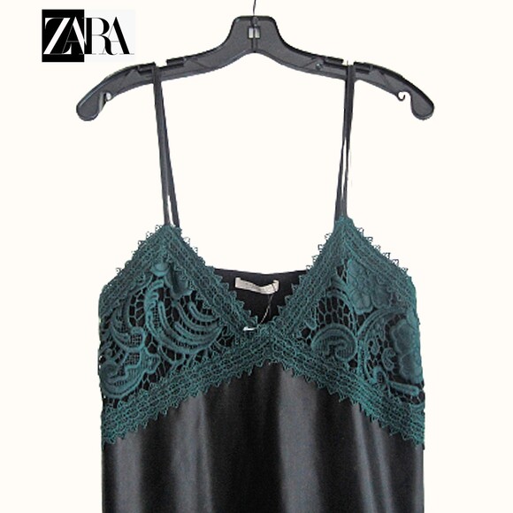 ZARA NEW Goth Embroidered-Lace Sweetheart Faux Leather Spaghetti Strap Dress M - Picture 2 of 11